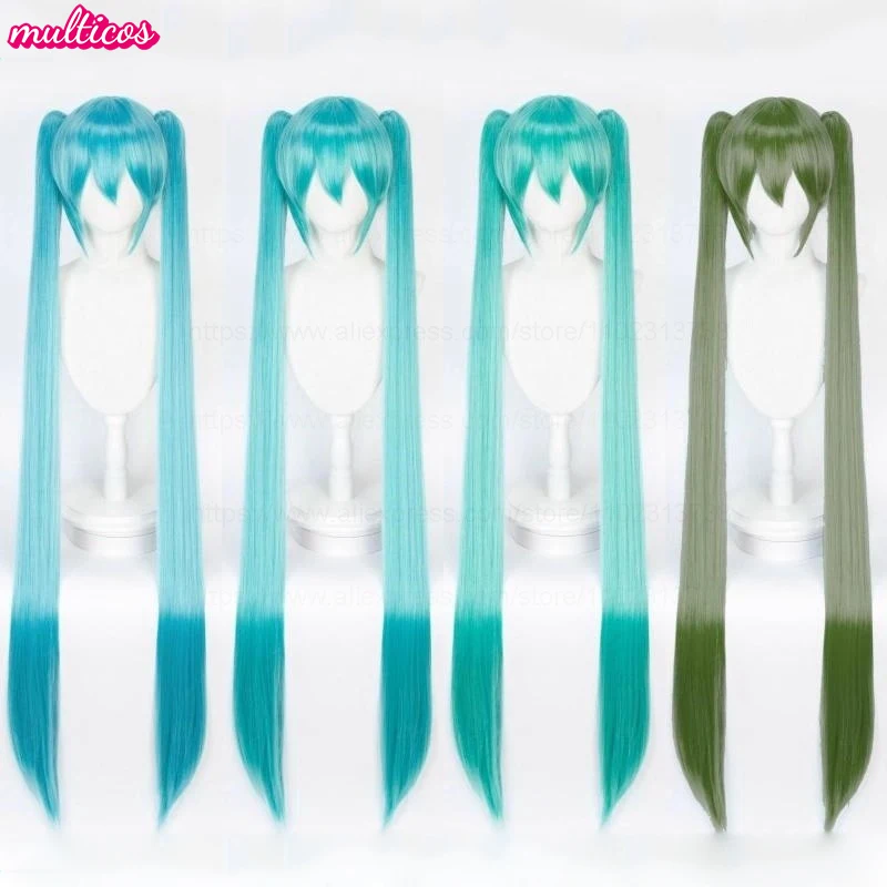 

120cm High Quality Miku Cosplay Wig Long Straight Heat Resistant Synthetic Hair Detachable Clip Ponytails Anime Wigs + Wig Cap