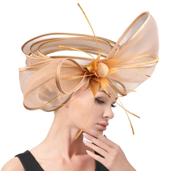 Gold Fascinators Crinoline Headband with Hair Clip Pillbox Hat Cocktail Tea Party Nice Headwear with Veil and Feather for Women