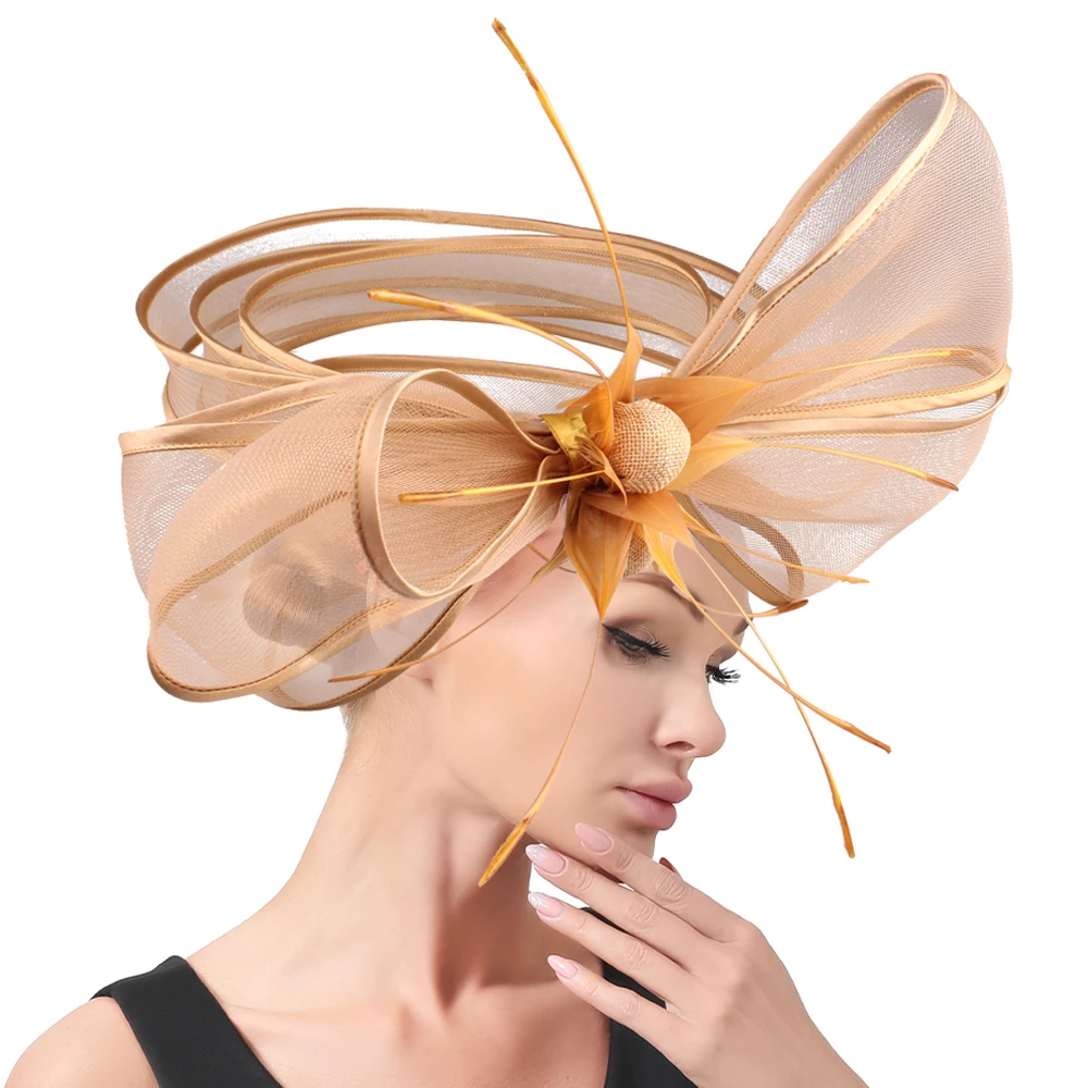 Gold Fascinators Crinoline Headband with Hair Clip Pillbox Hat Cocktail Tea Party Nice Headwear with Veil and Feather for Women