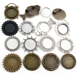 5pcs 20mm Inner Size Antique Bronze and Antique Silver Plated Brooch Pin Classic Multi Styles Cabochon Base Setting