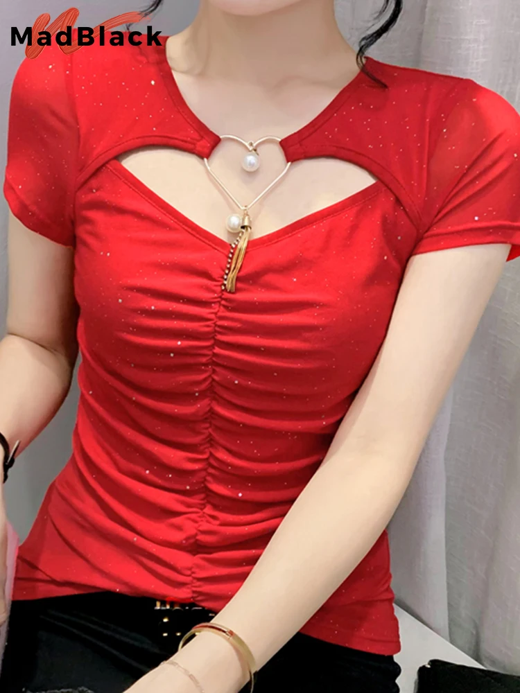 MadBlack Summer European Clothes Casual T-Shirt Sexy Hollow Out Drape Mesh Elegant Women Tops Short Sleeve 2022 New Tees T24306X