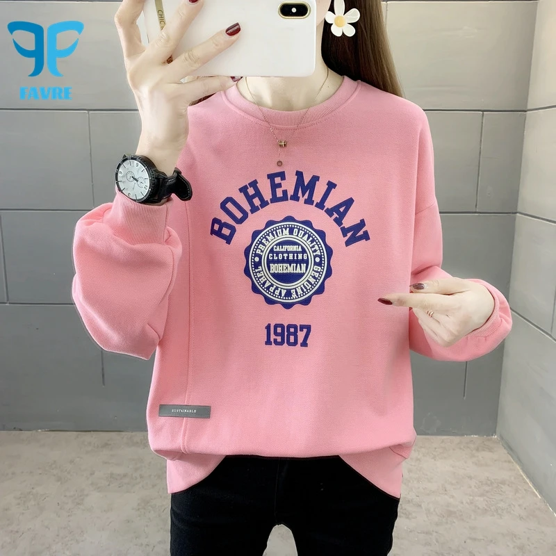 

FAVRE Letter Print Sweatshirts Niche Womens Roundneck Lazy Style Thin Pullovers Spring Autumn Korean Version Slim Chic Hoodies