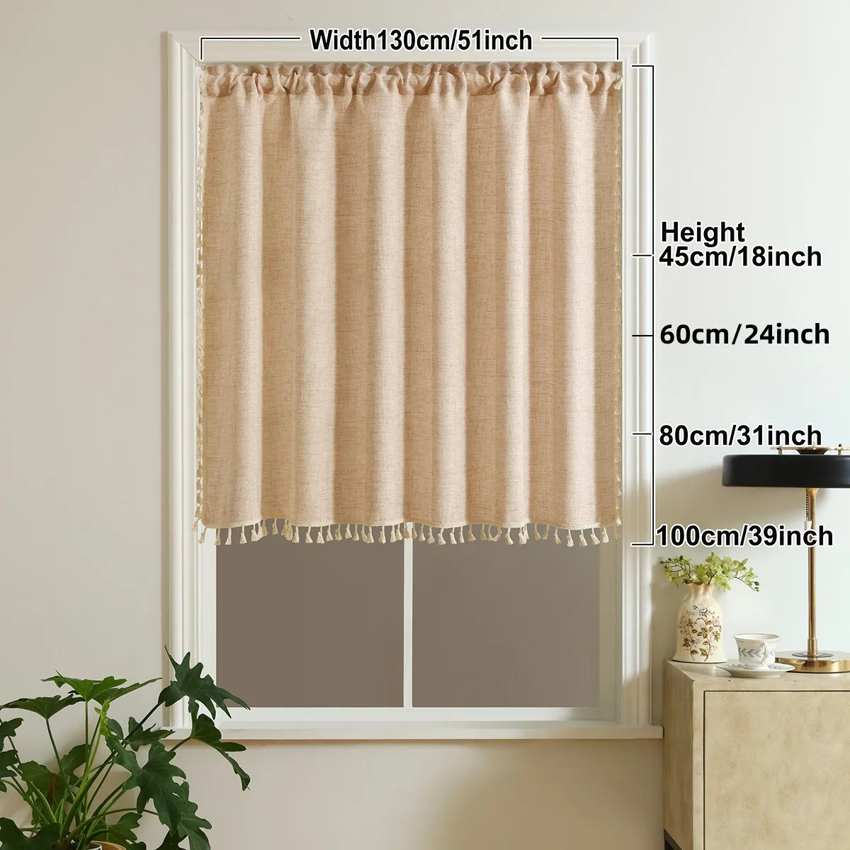 1pc Japanese Boho Style Short Curtain,Rod Pocket ,Polyester Fabric Window Semi Curtain with Tassel,for Window, Door, Cabinet