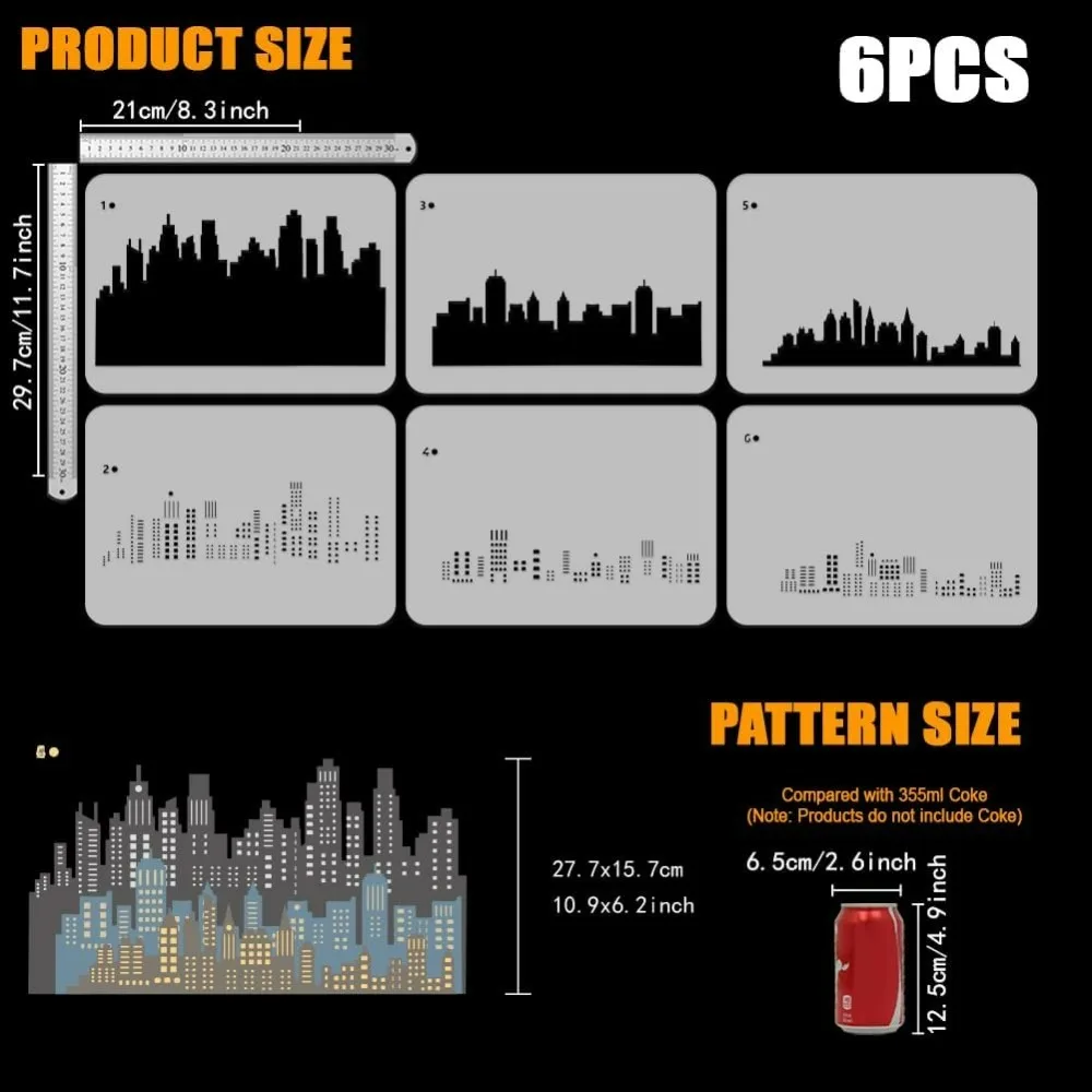 6 Pcs Layered City Skyline Stencil - 11.7x8.3inch Reusable Buildings Pattern Template for Wood Wall Fabric Furniture