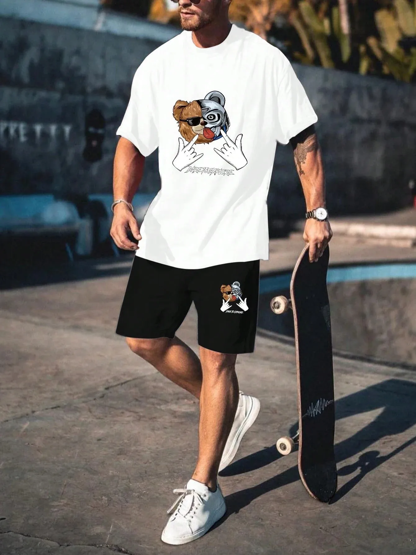 

2026 Summer New Men's Short-Sleeved Shorts Set with 3D Bear Pattern Print for Street Casual Fashion Comfortable and Soft