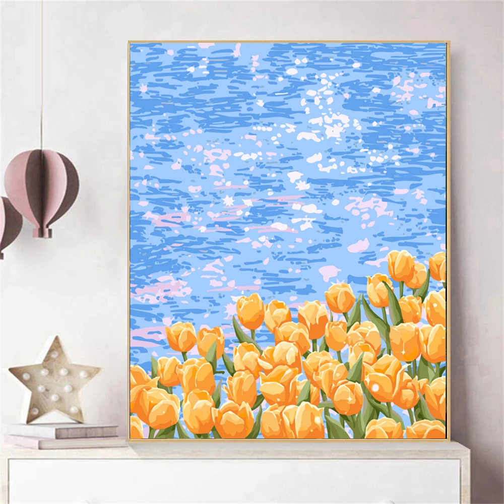 Paint by Numbers For Adult Kit Tulips By The Sea DIY Dropshipping acrylic Oil Painting Canvas by Number Home Decor