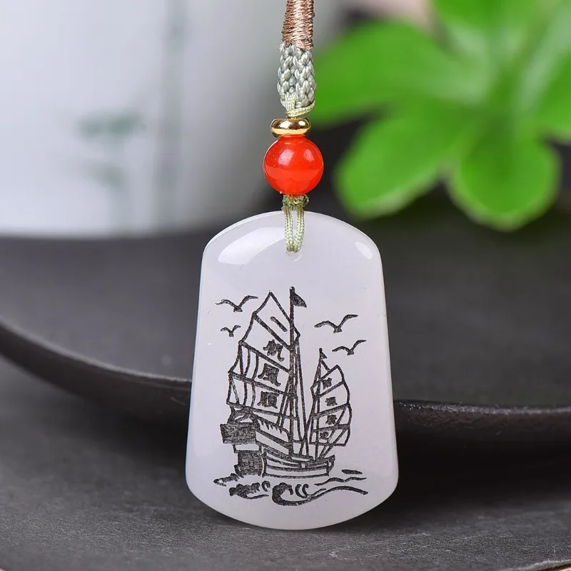 Xinjiang Jinsi Jade Smooth Sail Hanging Pendant, High Grade Handmade Safety Sign