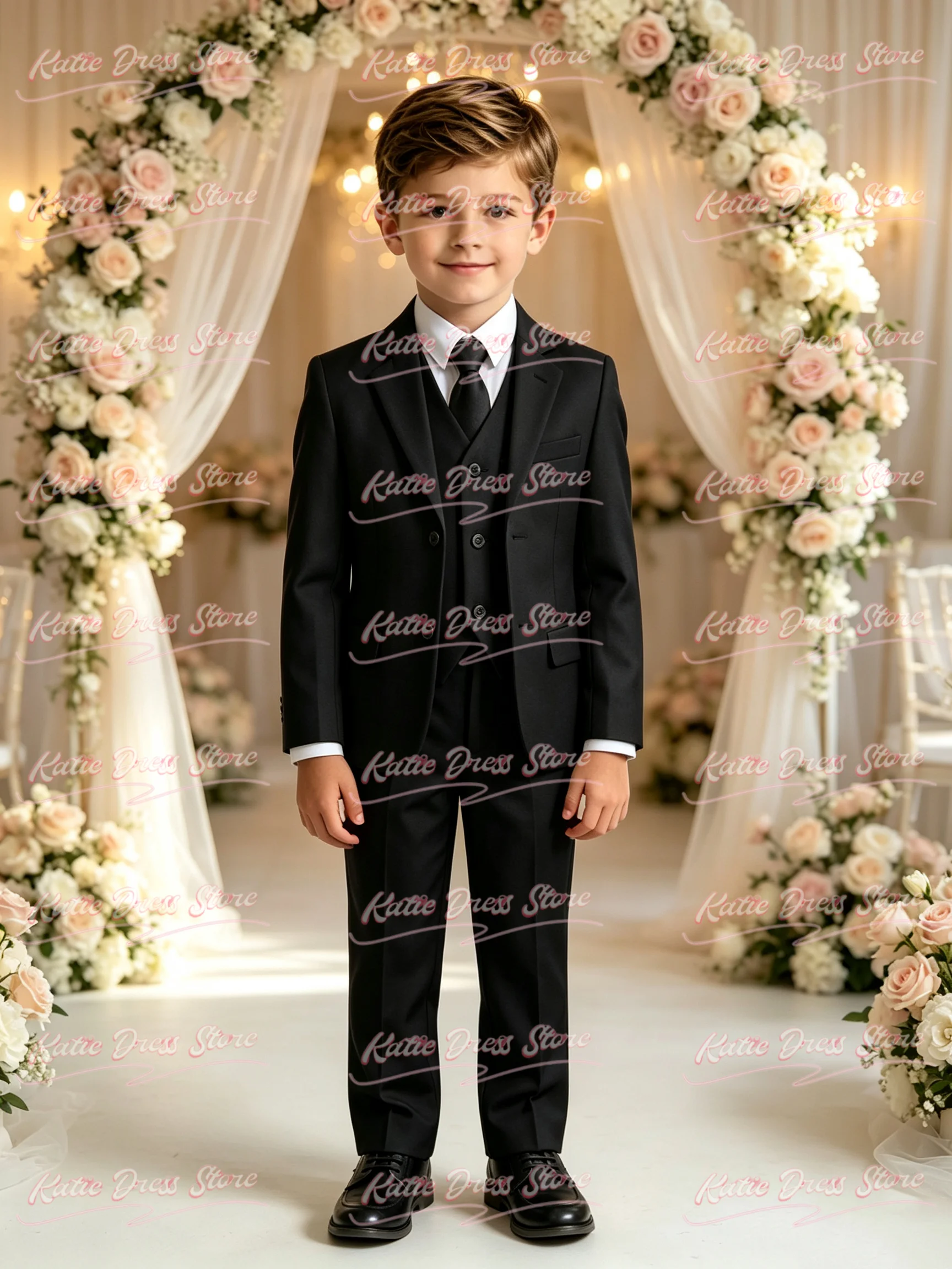 Black Boy's Suit Set 3 Pieces Jacket Pants Formal Shawl Lapel Kids Tuxedo For Wedding Kids Birthday Party School Performance Wea