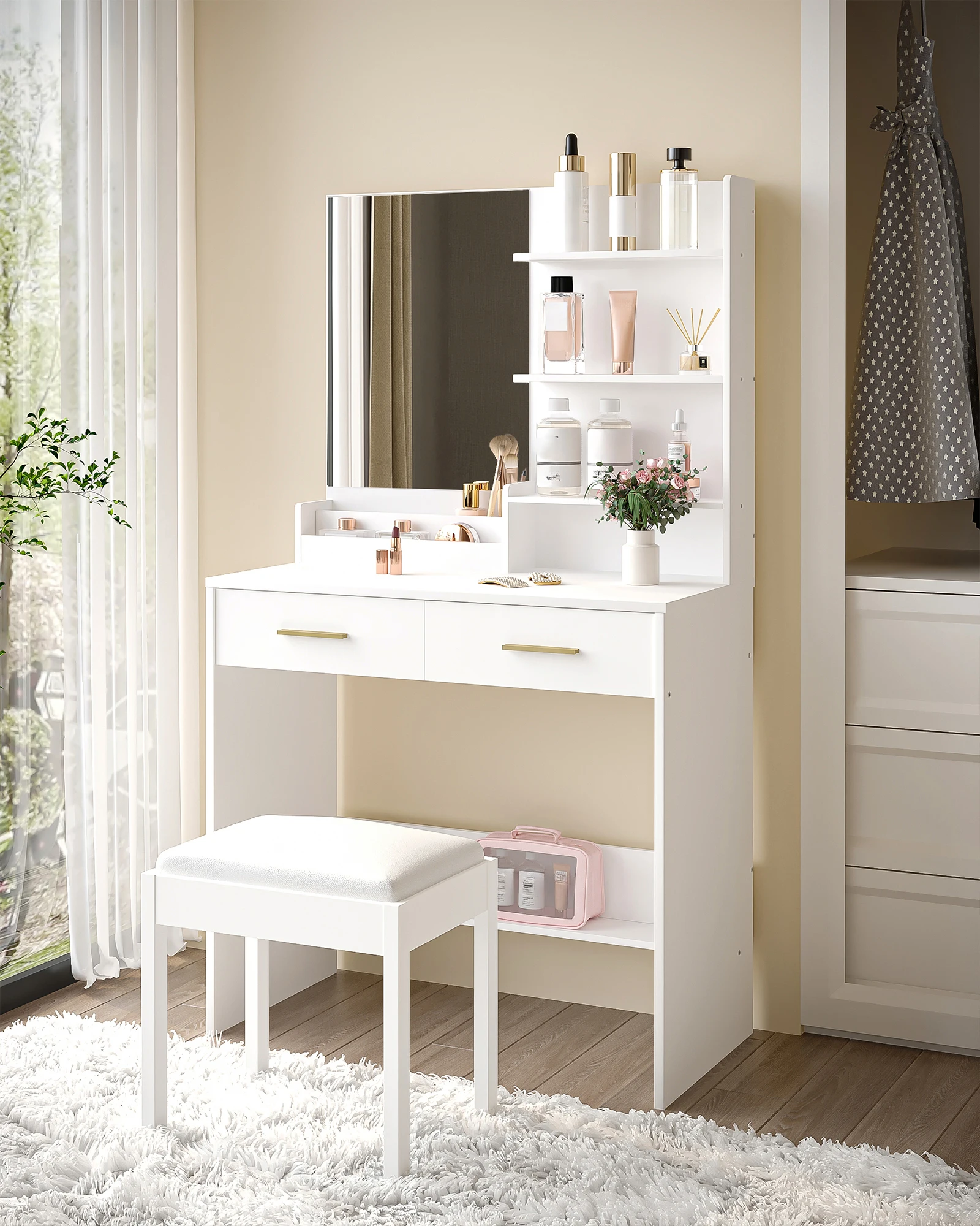 Toeletta con Specchio, Mobile da Bagno con 4 Ripiani Aperti e 2 Scomparti, Comò con 2 Cassetti, per Camera da Letto