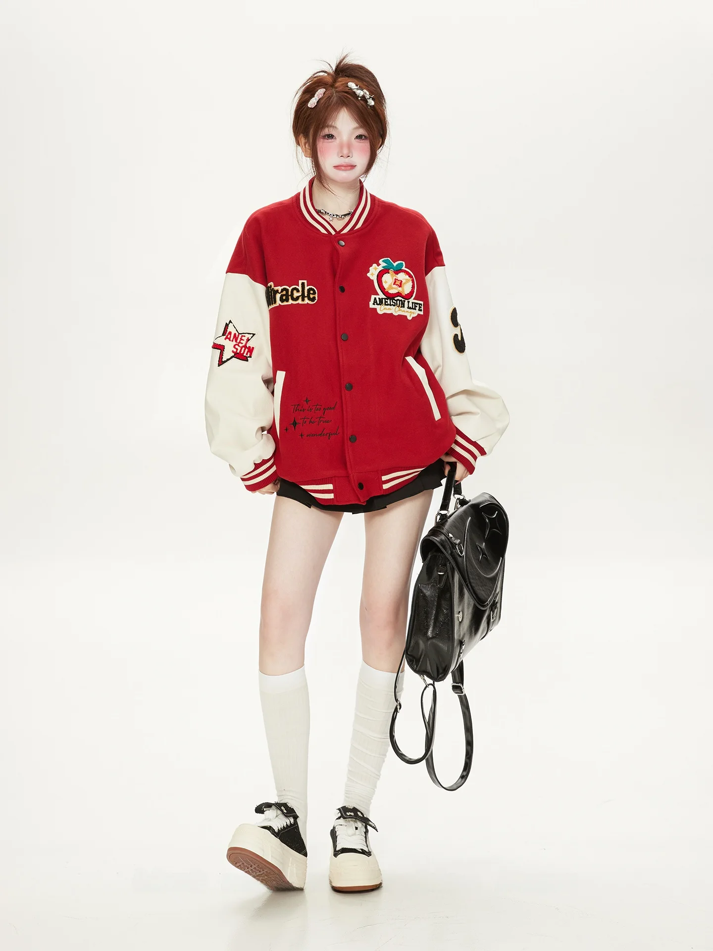 

Oversize Red Baseball Jaet Women's Loose Fit Autumn Winter New Sle College Theme Couple Thiened Coat Commute Sle