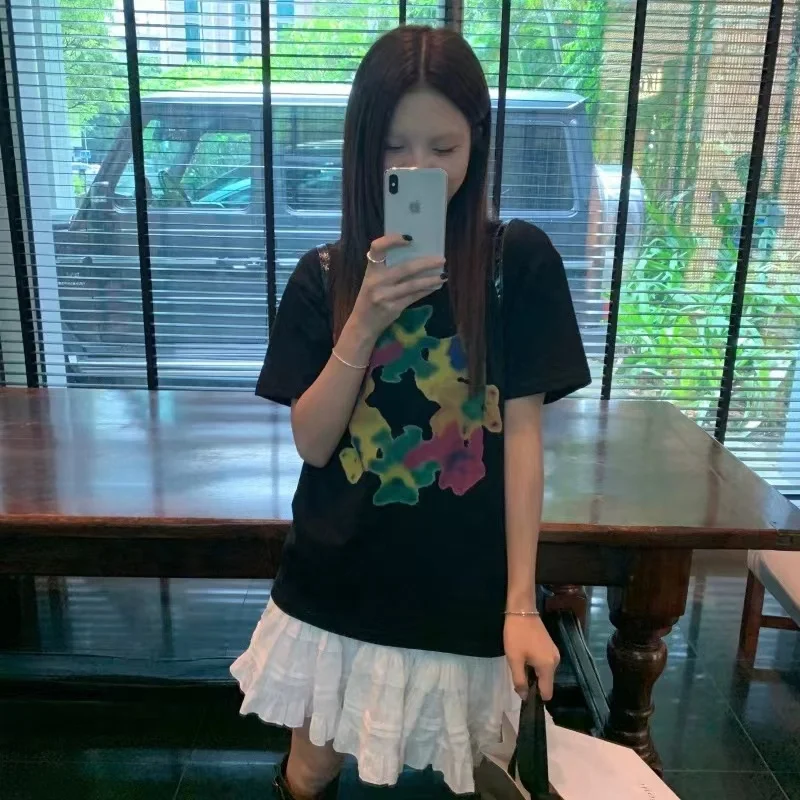 Camiseta con estampado de flores para mujer, camiseta de manga corta 100% de algodón de alta calidad, Top informal Y2k, ropa femenina