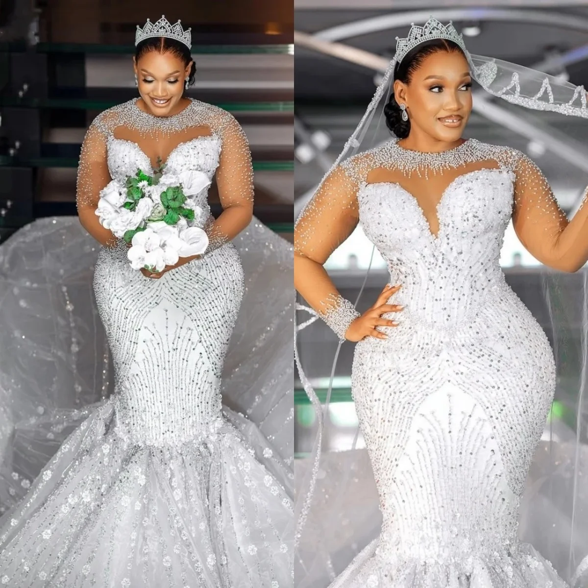 

Luxury Sequins Wedding Dress High Neck Bridal Gowns Flowers Beading Long Sleeves Bride Dresses Customized Vestido de novia