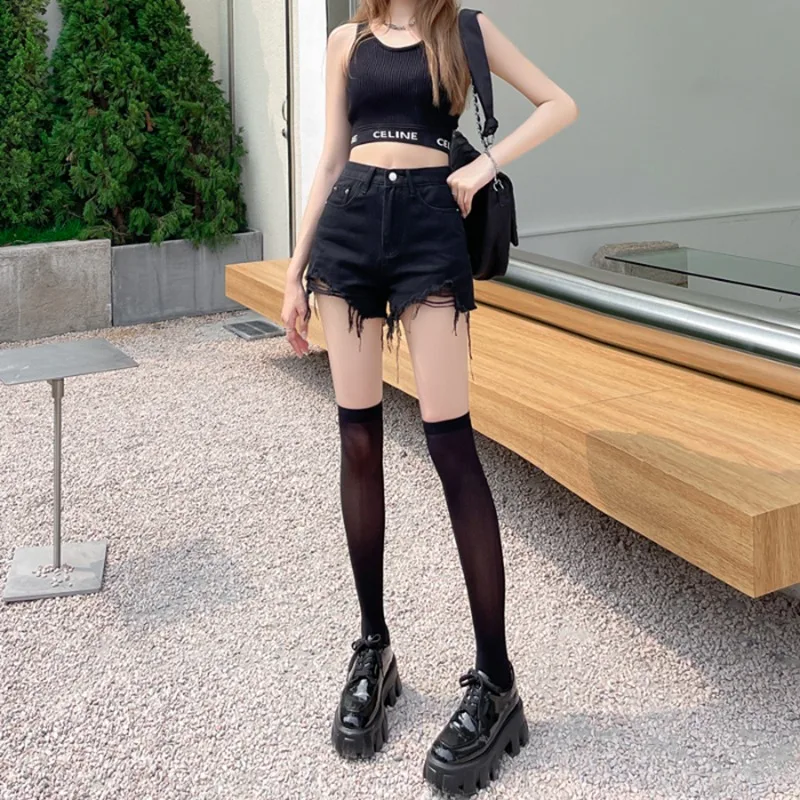 Korean Style Denim Shorts Women Summer New High-waisted High Street Solid Color Versatile Slim Thin A-line Wide-leg Jeans Female