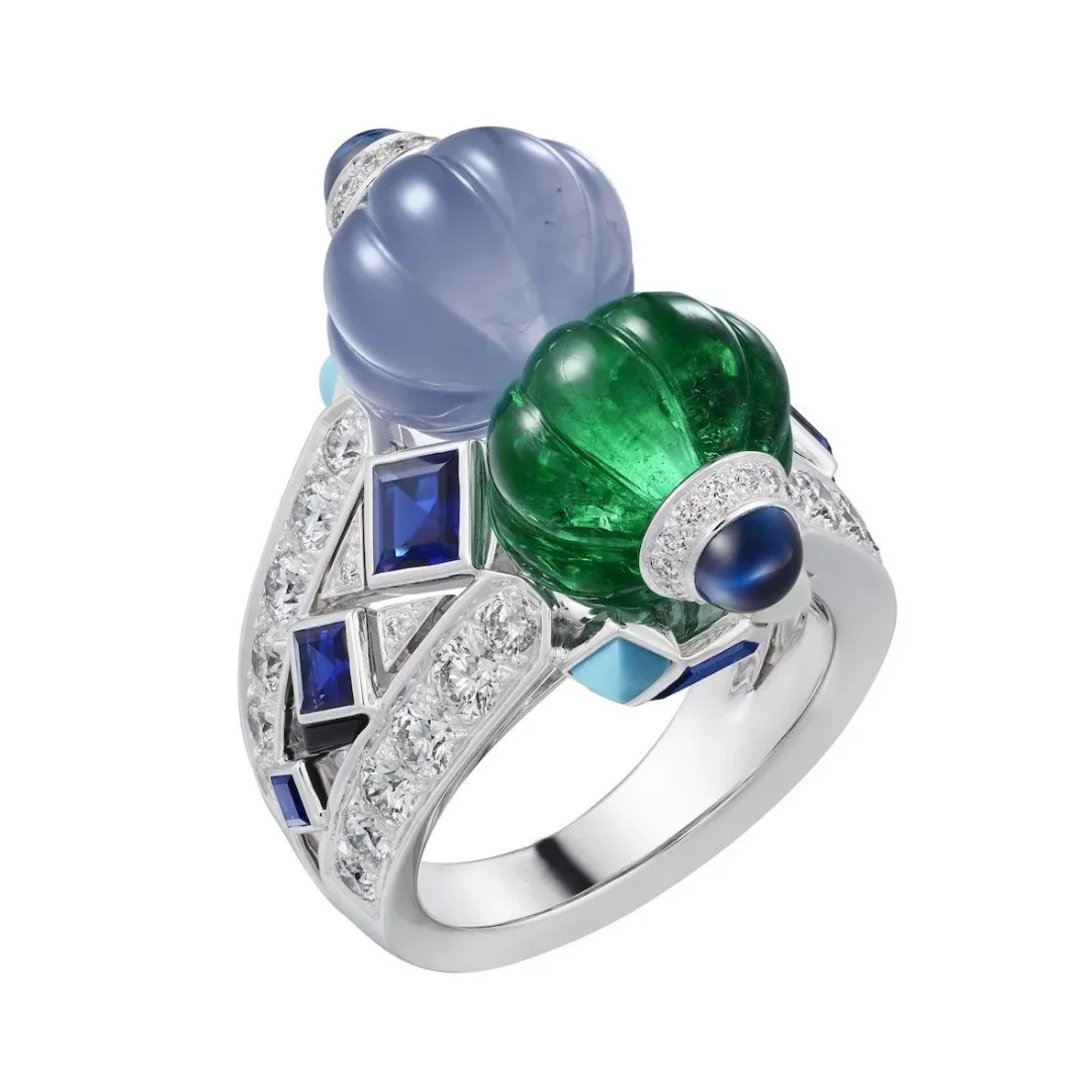 

Art Deco Tutti Frutti Ring 925 Sterling Silver Rhodium Plated Elegant Fine Jewelry for Women's Wedding Cocktail Wear