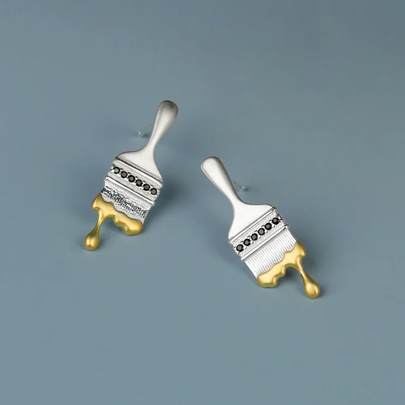 Miracle Sterling Silver 925 Original Design Refreshing Art Student Oil Painting Brush Small Cute Fun Exquisite Stud Earrings