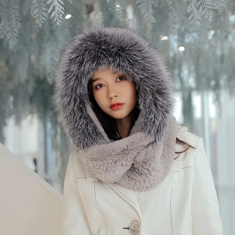 Rex Rabbit Fur Grass Fashion Big Brand Hat Double sided Scarf One Piece Wind and Snow Hat Women's Winter For Hair Warm Hoodie