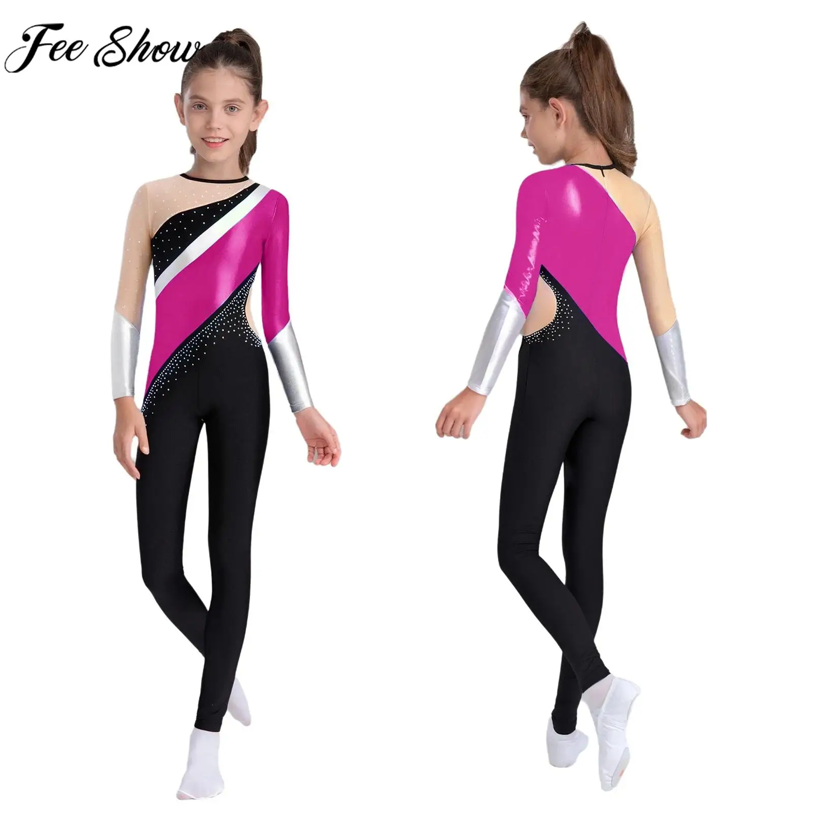 Children Girls Figure Skating Gymnastics Leotard Long Sleeve Metallic Rhinestone Mesh Jumpsuit for Ballet Dance Acrobatics Yoga