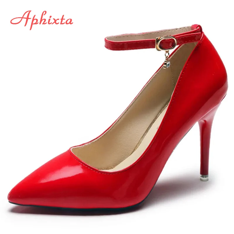 

Aphixta 3.94inch Stiletto Heels Crystals Metal Buckle Pumps Women Pointed Toe Patent Leather Shoes Office Super Big Size 50