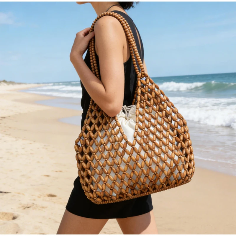 Ahornholz-Perlen-Handtasche, Damen Große Kapazität Hohle Strand-Urlaubstasche, Sommerliche Lässige Schicke Handgewebte Tragetasche – Detail 10
