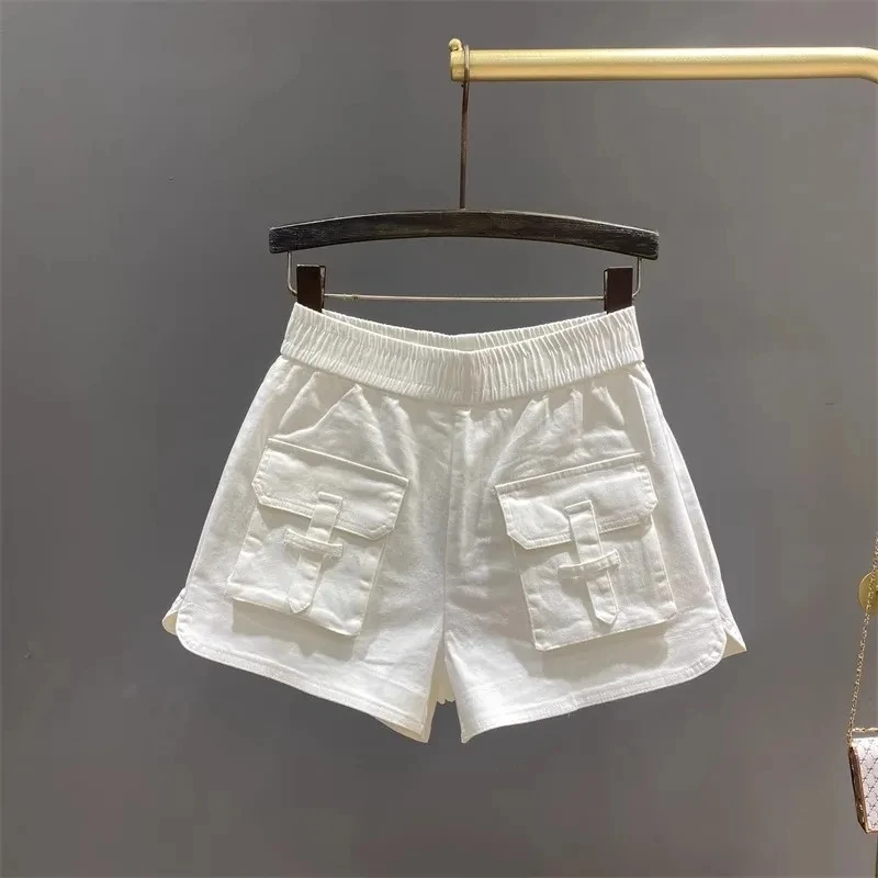 

Big Pocket Workwear Denim Women's Shorts 2024 Summer New Yellow Slim Loose Casual A-Line Wide Leg Hot Women Short Ropa De Mujer