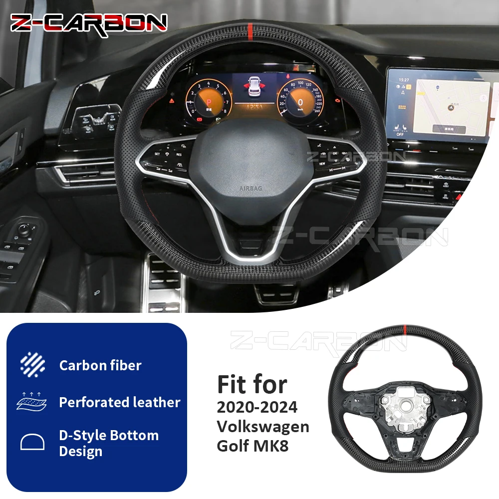 

Real Carbon Fiber Steering Wheel Perforated Leather D-Shape Flat Bottom For Volkswagen MK8 Golf 8 R GTI GTD TIGUAN 20-24