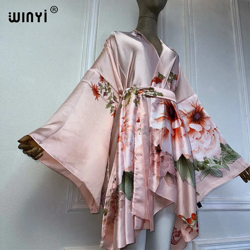 2024 WINYI Europe kimono with belt Cardigan kaftan Cocktail sexy Boho cover up beach women Africa Holiday Robe beach outfits