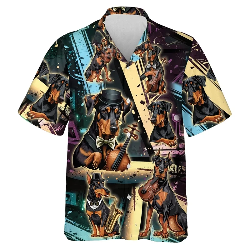 3D Print Dogs Music Pattern Beach Shirts Short Sleeve Funny Pet Dog Graphic Single Button For Men Lapel Blouse Tops