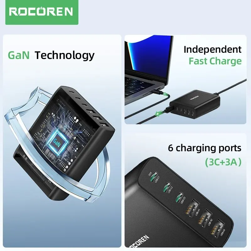 Rocoren 100W USB Charger Type C PD Fast Charging Multiple 6 Ports Desktop Charger Station For iPhone 14 13 Pro Xiaomi POCO