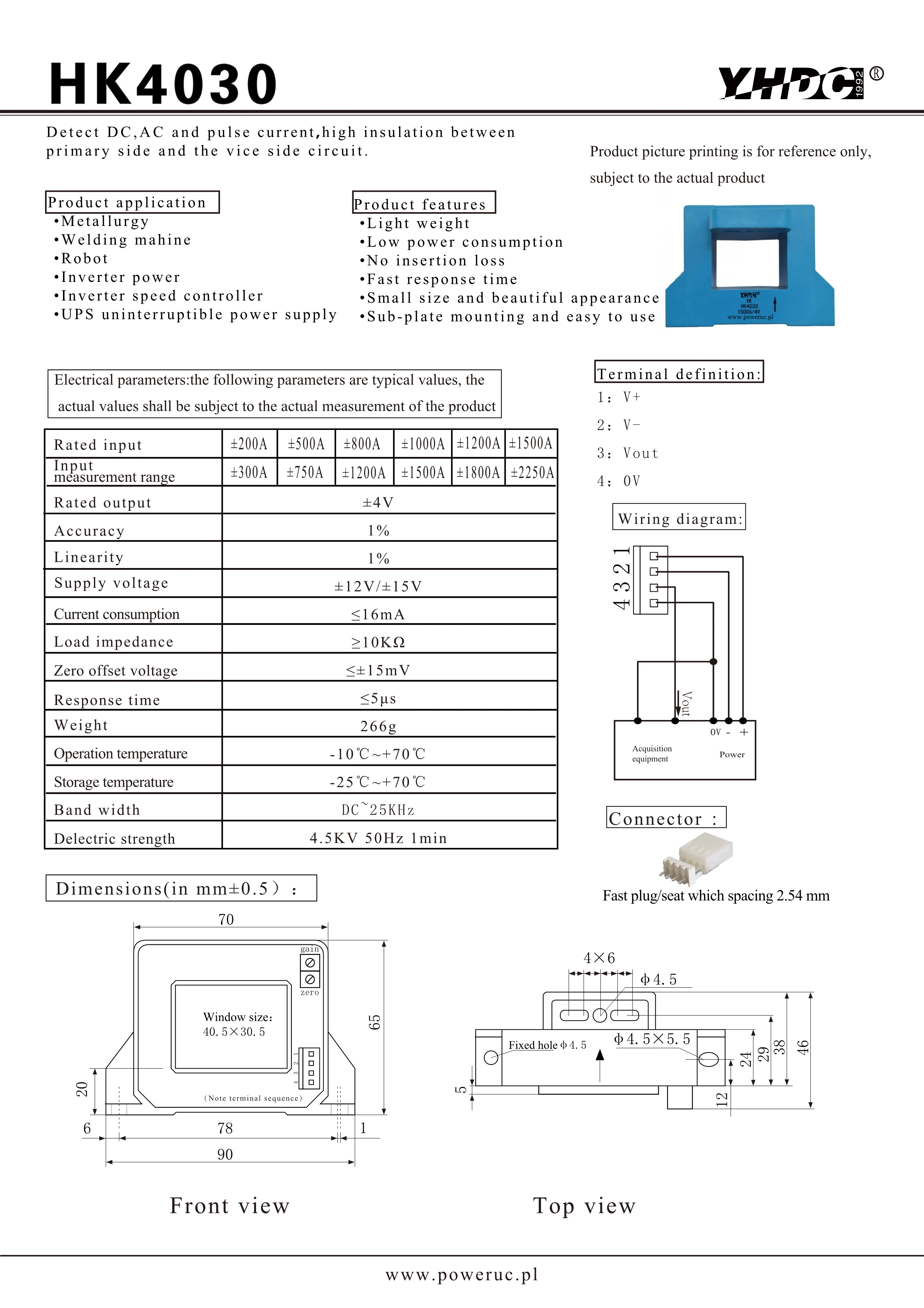 YHDC HK4030 Input ±200A ±500A ±800A ±1000A ±1200A ±1500A Output ±4V Supply Voltage ±15V Accuracy1% Hall Open Loop Current Sensor