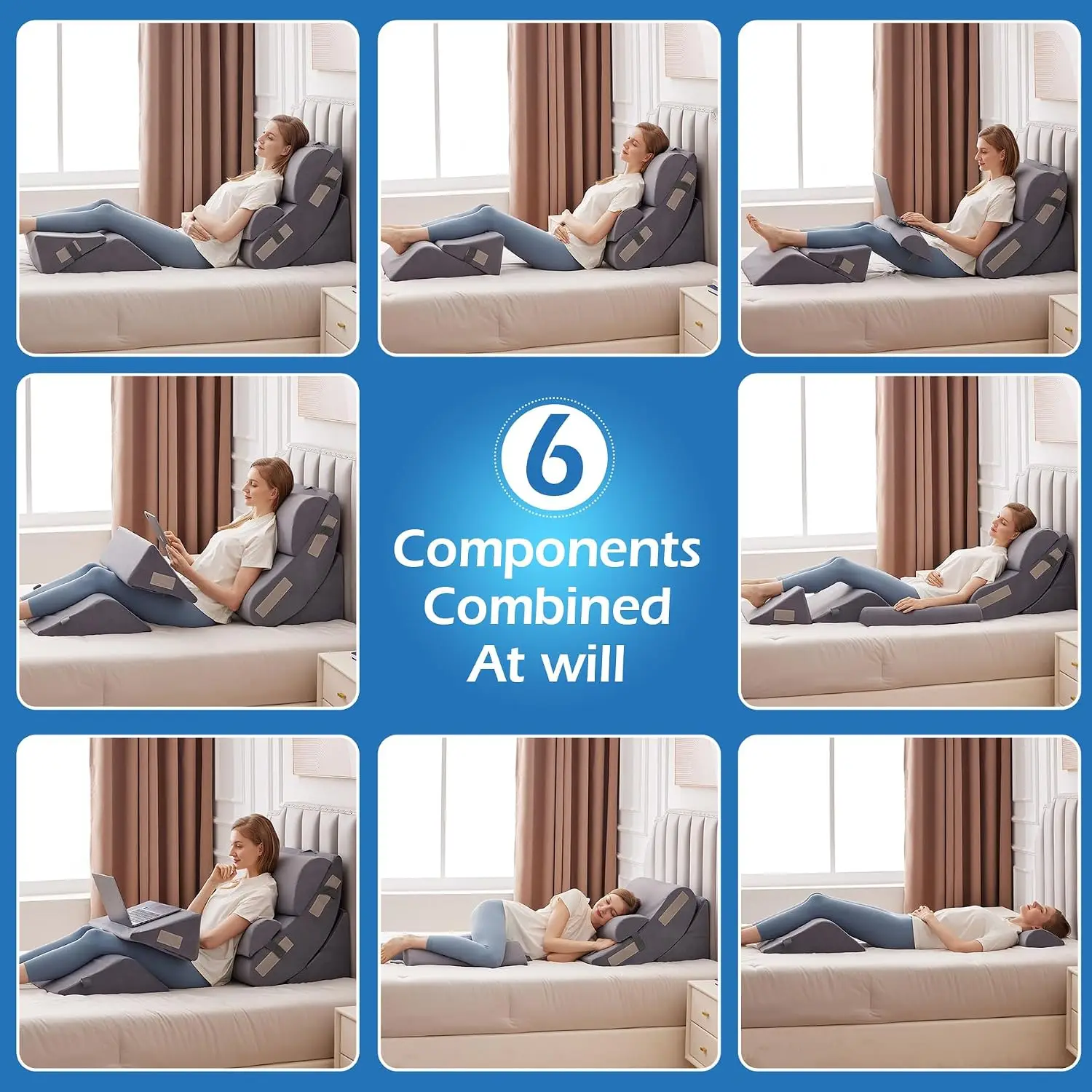 Ahpmeoa 6PCS Orthopedic Bed Wedge Pillow Set for Sitting up in Bed, Memory Foam Post Surgery Pillow for Back Pain Relief, Back S