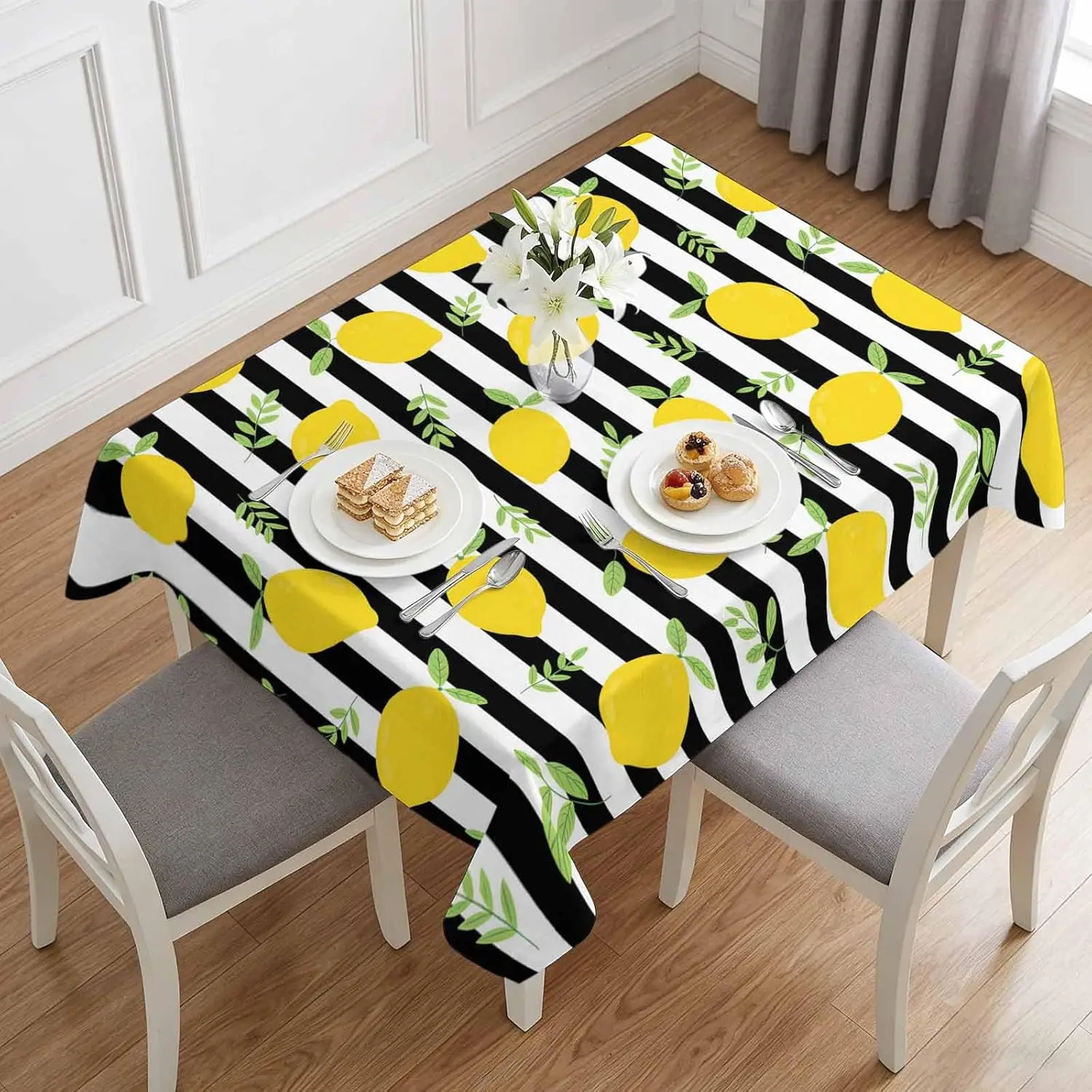 Summer Lemon Leaves Black White Stripe Tablecloth for Table Decor Washable Farmhouses Kitchen Dining Table Cloth Party Decor