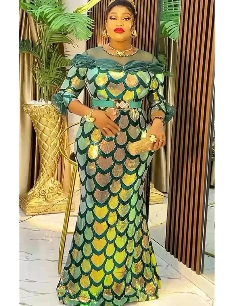 African Dresses for Women 2024 New Fashion Plus Size Sequin Evening Party Long Dress Dashiki Ankara Outfits Robe African Clothes