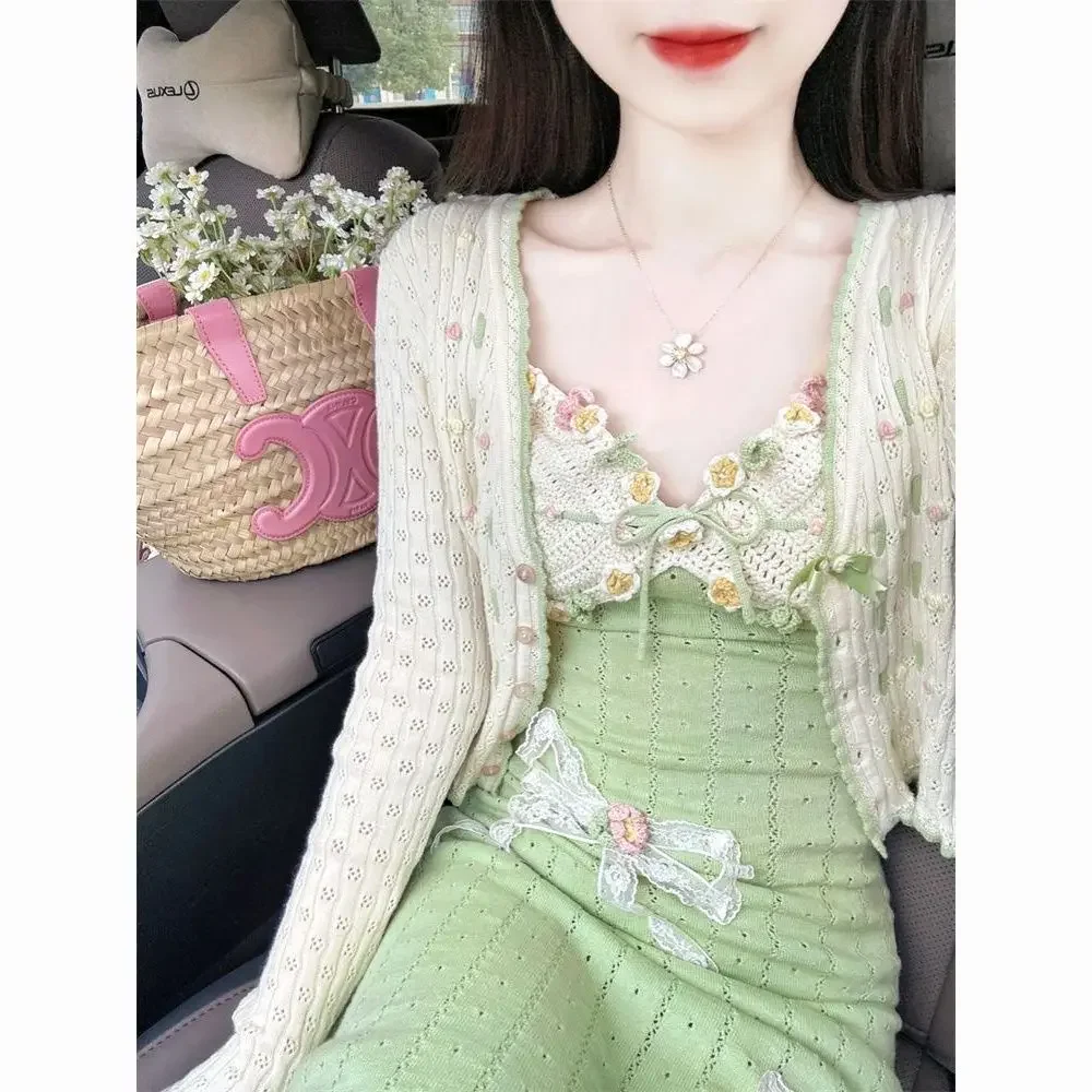 Two-Piece Suit Tea Break Fairy Hook Flower Hollow Backless Strapless Female Street French Style Square Neck Sleeveless Dresses