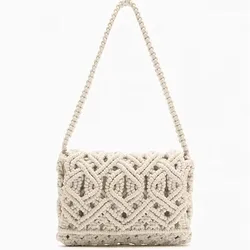 Rope Crochet Women Shoulder Bag Hollow Knitting Handbags Bohemian Woven Flap Handmade Square Tote Female Shopper Purses Clutch