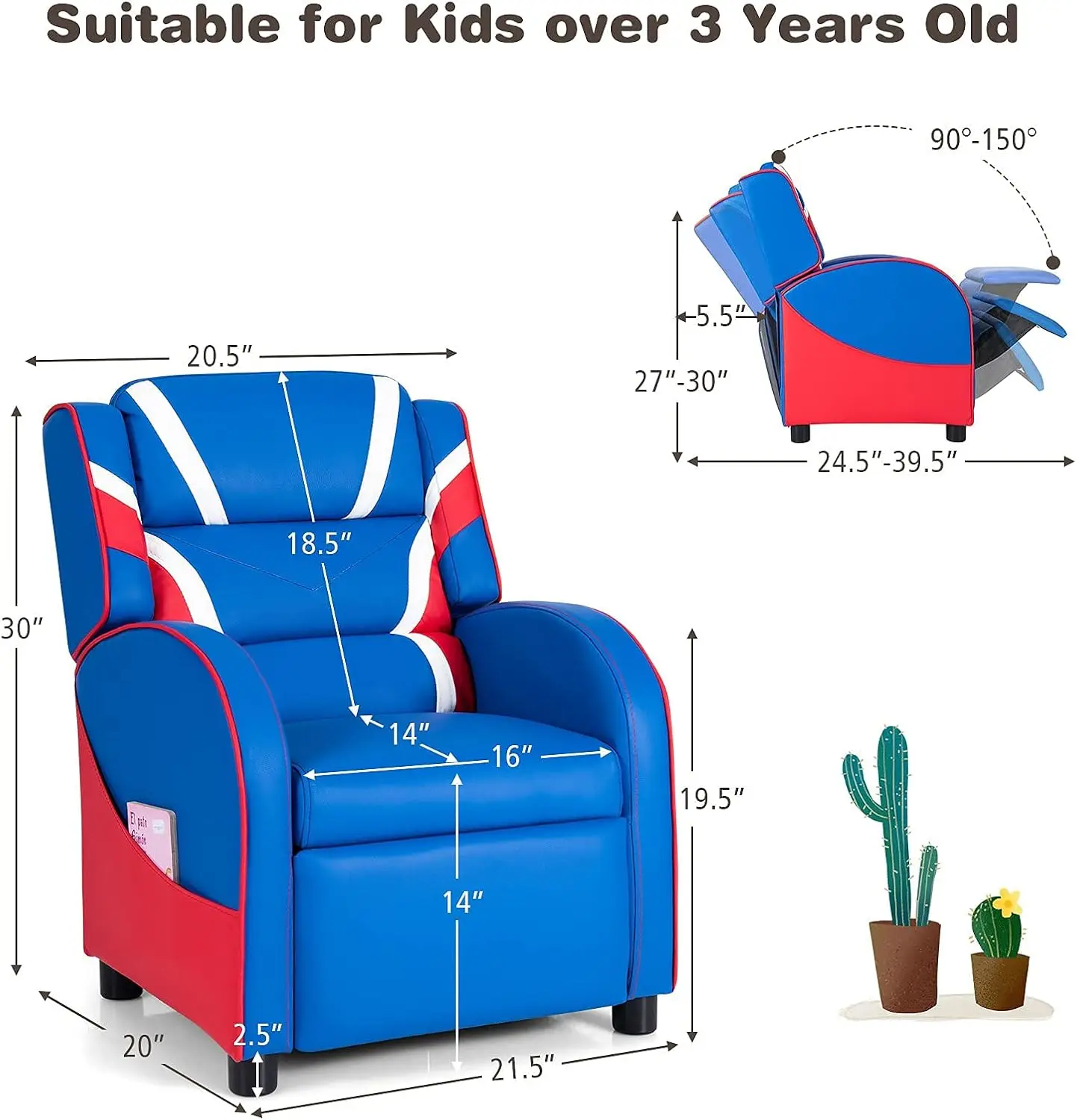 Kids Recliner Sofa, Children Leather Armchair Couch w/Footrest, Headrest, Gaming Reclining Chair for Living Room Nurser