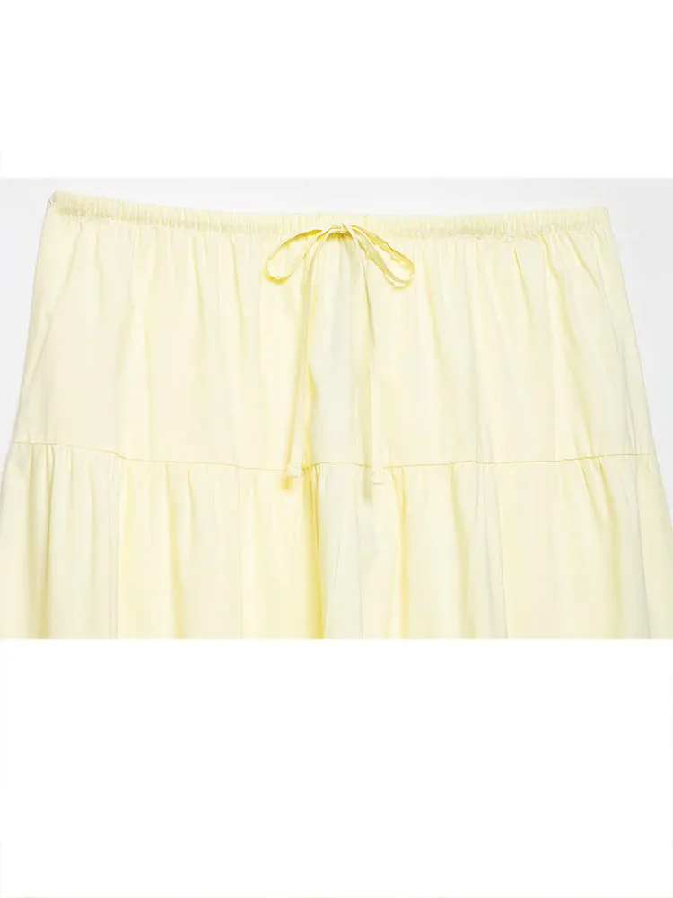 HH Moda mujer Versátil Color sólido Algodón en capas empalmado ​ ​ Falda larga elegancia femenina falda delgada con cordones y lazo de cintura media