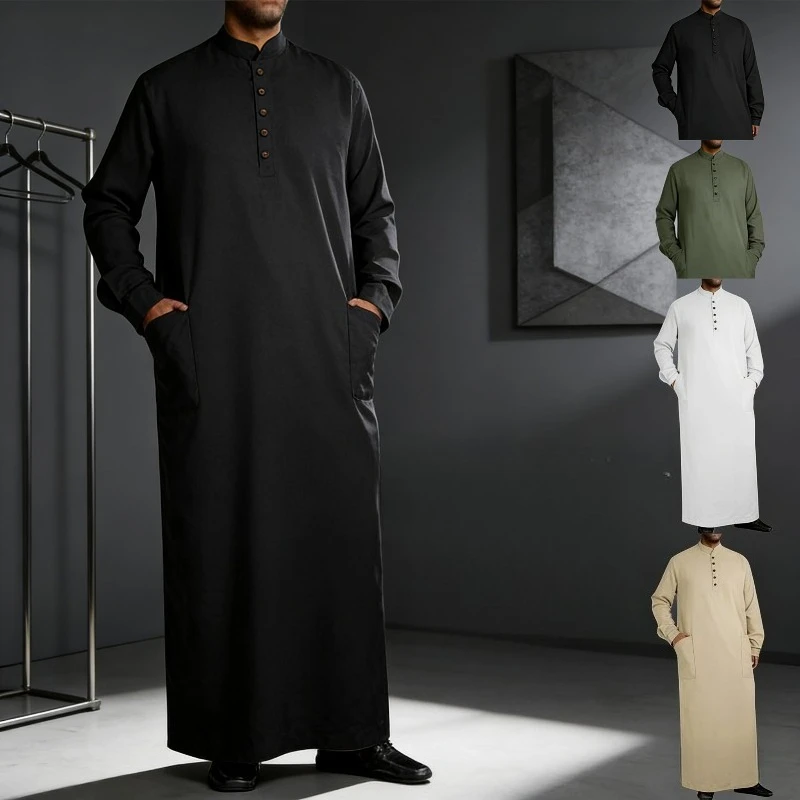 2026年アラビア風メンズスタンドカラーボタン付きムスリムローブ（男性用）