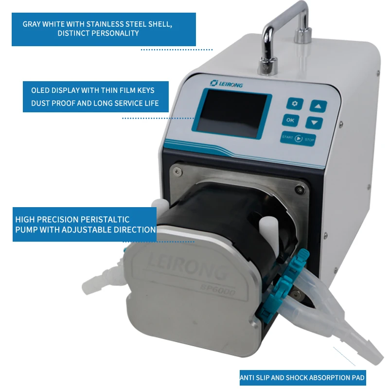 مختبر ذكي تدفق رأس المضخة التمعجية 100 مللي/دقيقة 100r/دقيقة مضخة تمعجية من الفولاذ المقاوم للصدأ لآلة تعبئة السوائل