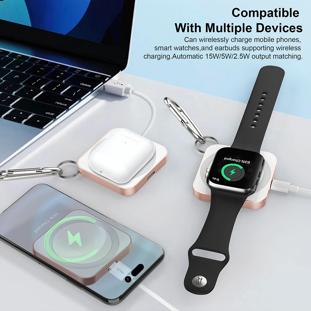 Adattatore per caricabatterie magnetico caricabatterie Wireless da viaggio portatile con caricatore per orologio con moschettone per Apple Watch 9 8 7/iPhone 15 14