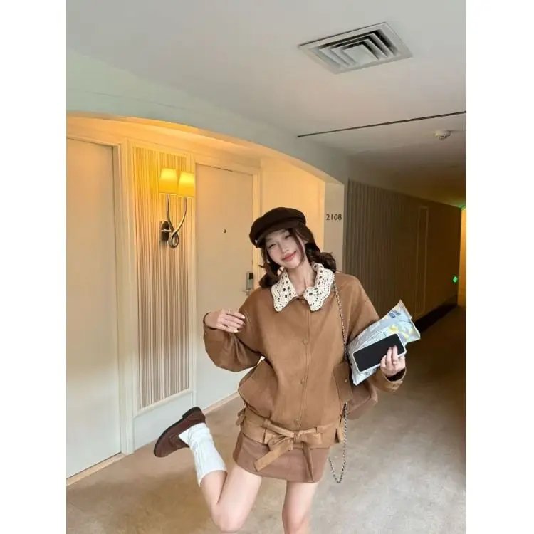 

Browan Baseball Jaet Women's ort Coat Vintage Korean Sle Autumn Winter Casual Faion Doll Collar Small Size Jaet