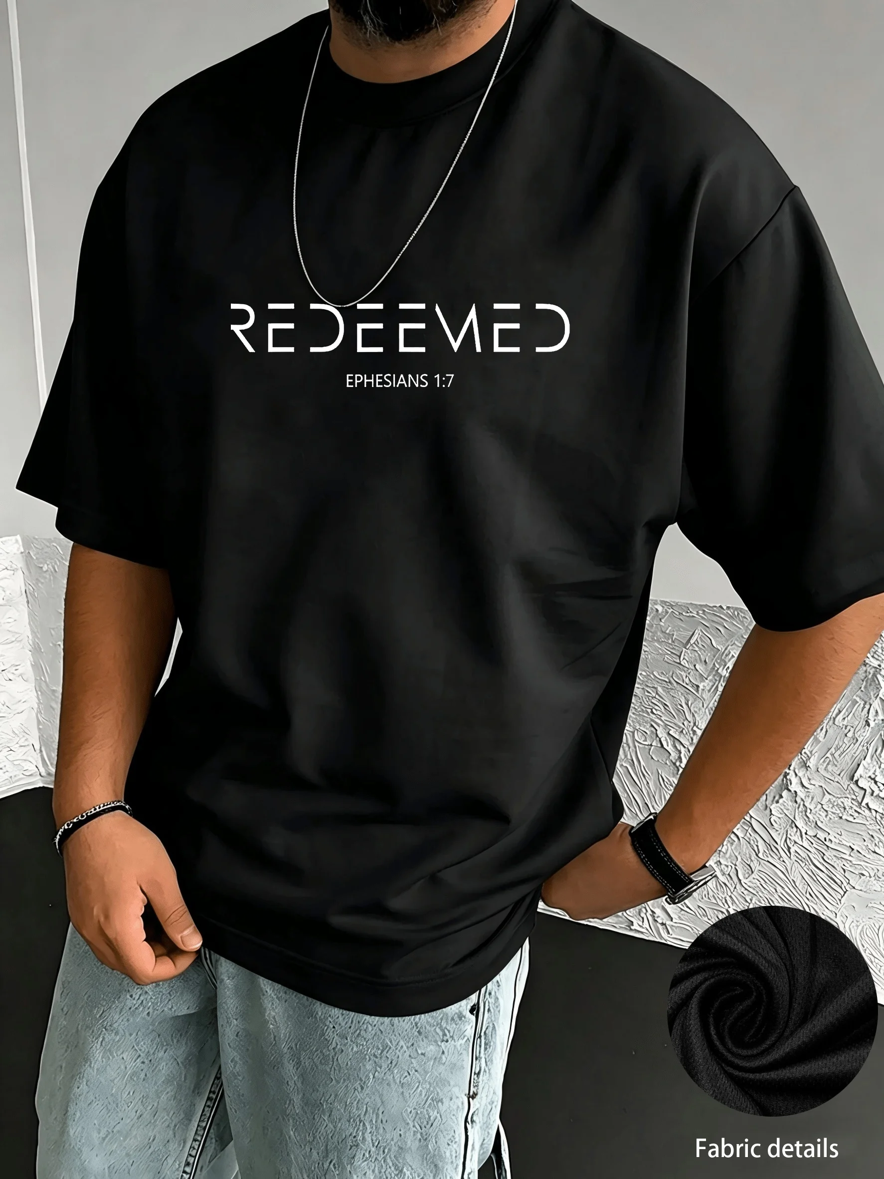 Male 100% Pure Cotton Casual Ephesians 17 Christian Scripture Redemption Loose Round Neck Short-Sleeved T-Shirt Top