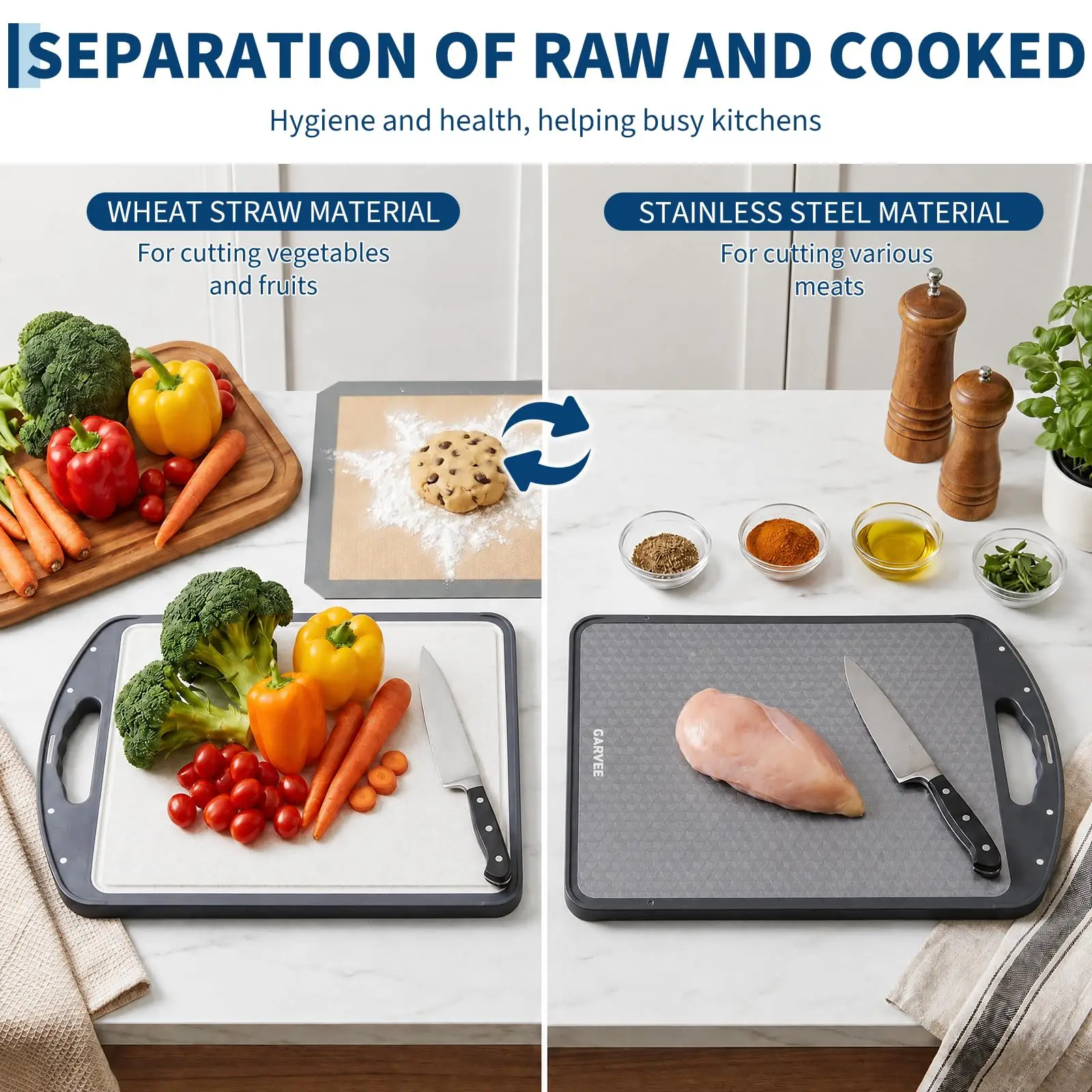 2 in 1 Double Sided Stainless Steel Cutting Board,Dual Surface Kitchen Chopping Board with Juice Groove Hanging Handle for Meat Vegetables Fruit Dishwasher Safe