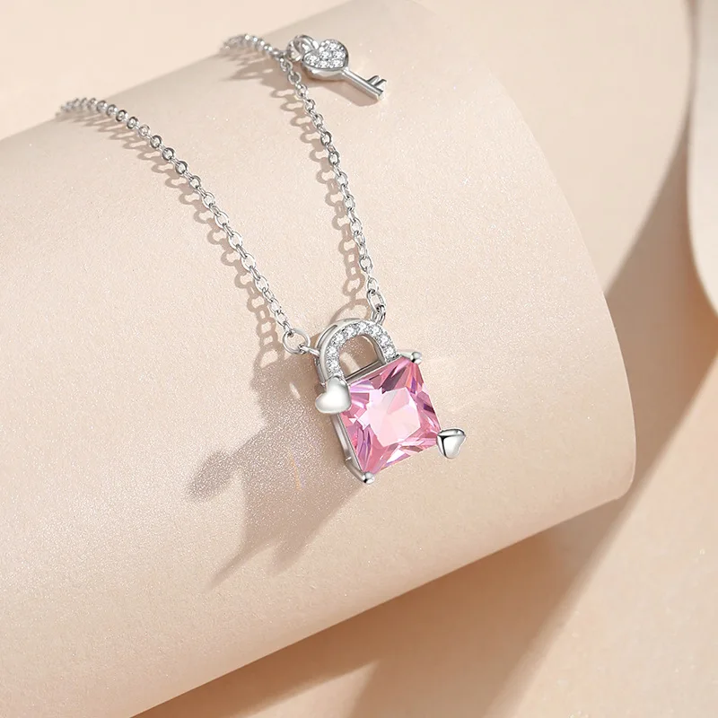 S925 Sterling Silver Heart-Shaped Pink Lock Key Zircon Pendant Necklace for Women Elegant Collarbone Jewelry Gift