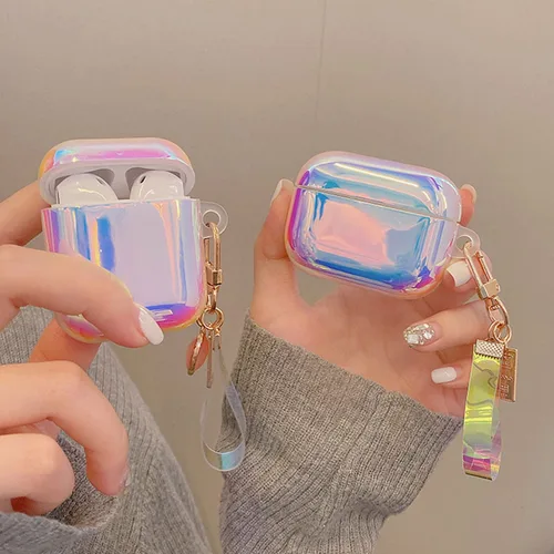 Imagen 2 del producto Bonita caja de auriculares con gradiente láser de ensueño para Apple AirPods Pro 2, funda suave de TPU para auriculares para AirPods 1/2/3, funda con llavero