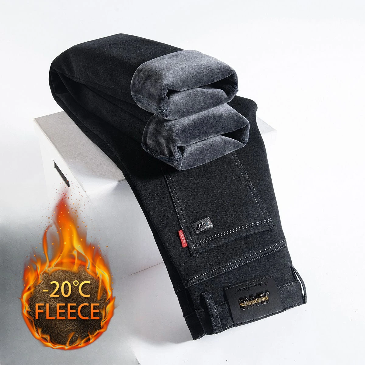 

2025 Winter Fleece Thick Warm Jeans Men's Slim Straight Elastic Denim Pants Casual Fashion Trousers Male Pure Black Men Clothes