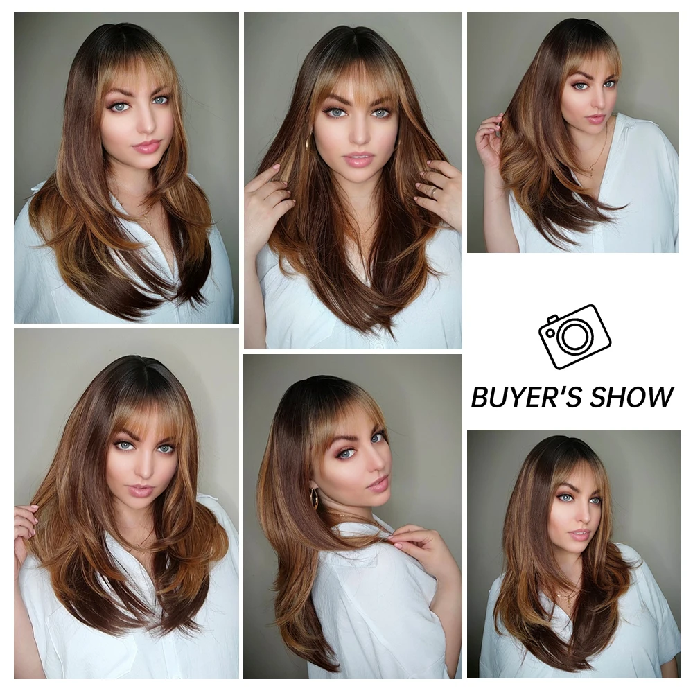 Medium Length Brown Synthetic Wigs Blonde Highlight Silky Straight Layered Wig Daily Hair for Women Heat Resistant Cosplay Wig