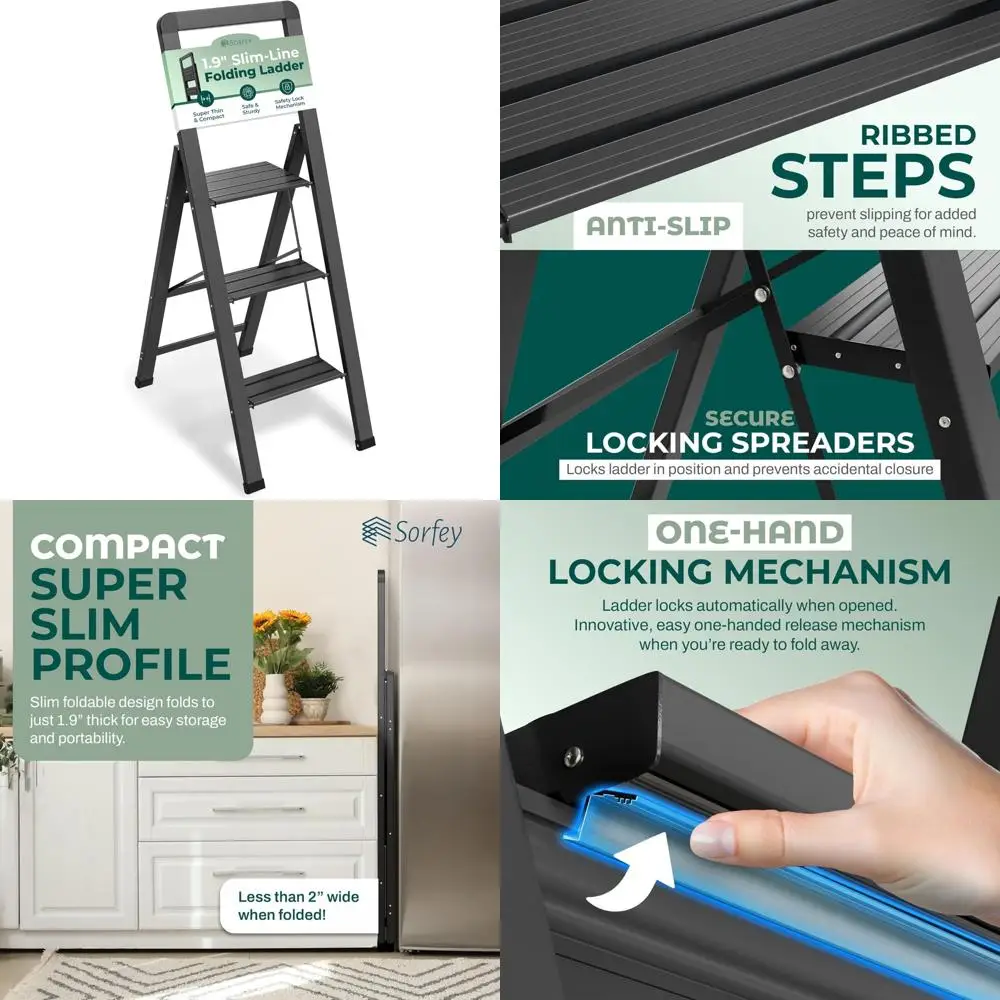 Escada dobrável de 3 degraus, design moderno de alumínio preto, mecanismo de bloqueio, perfil fino, degraus antiderrapantes, resistente e segura para uso doméstico