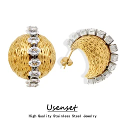USENSET AAA CZ Inlaid Texture Hollow Ball Stainless Steel Hoop Earrings Round Chic Gold Plated Ear Stud Anti Allergic
