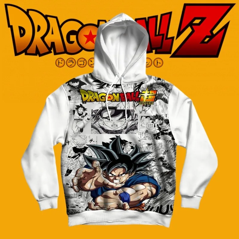 

Dragon Ball Super Hoodie, Goku in Action Print, Unique Manga Style Background with Iconic Logos, Must Have for Anime Fans