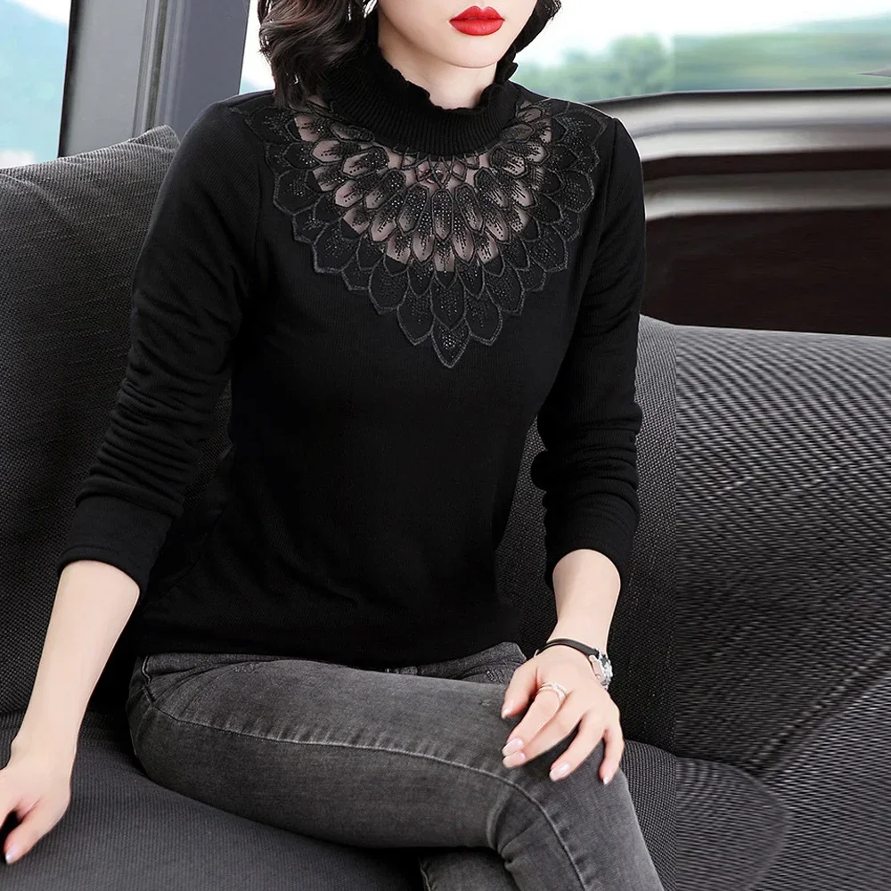 

Ladies Transparent Feather Flower Lace Elastic T Shirt Blouse Women S-3XL Black Female Blouses Cheaper Tops Long Sleeves T-Shirt